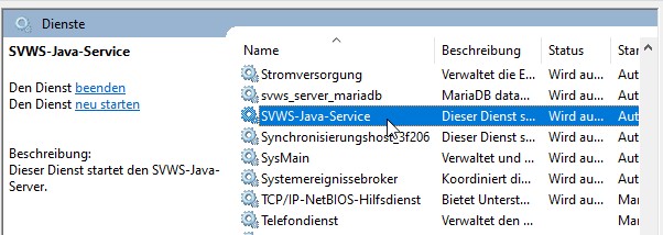 Der Dienst für den SVWS-Java-Service ist hervorgehoben. Windows-Dienste mit dem SVWS-Java-Service-Dienst