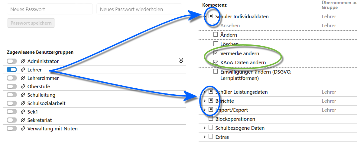 Einem Benutzer wird eine Benutzergruppe und Individualrechte zugewiesen