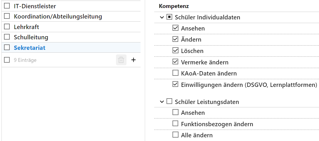 Benutzergruppe "Sekretariat": Ändern von Individualdaten, keine Einsicht von Leistungsdaten