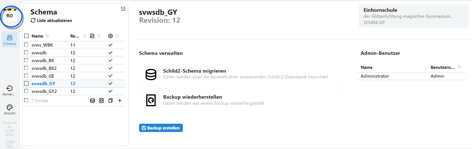 Übersicht der Schemata im Admin Client.