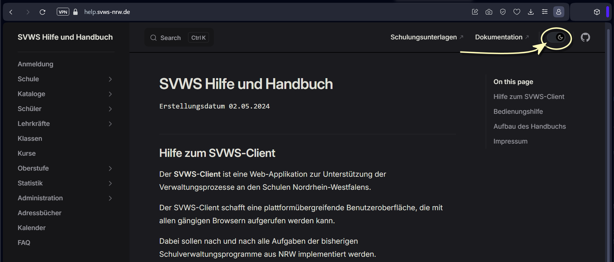 Screenshot der Webseite für die Strukturdarstellung