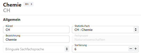 Die Allgemeinen Daten der Fächer wie das Kürzel oder die Bezeichnung