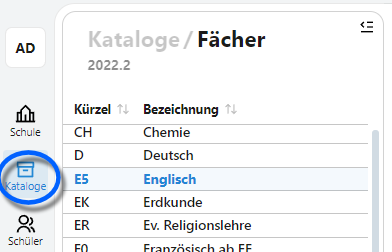 Über Kataloge ➜ Fächer konfigurieren Sie die Fächer Ihrer Schule. Übersichtsliste der Fächer