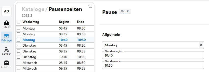 Katalogübersicht der Pausenzeiten