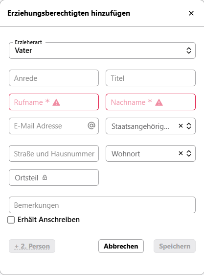 Pop-up-Fenster Erziehungsberechtigte hinzufügen