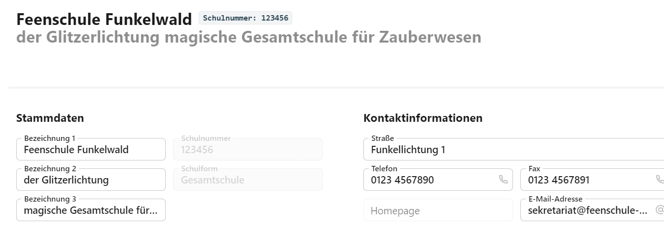 Es werden allgemeine Einstellungen zur Schule angezeigt und vorgenommen. Allgemeine Daten zur Schule