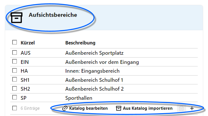 Unter dem jeweiligen Bereich kann der zugehörige Kataloge bearbeitet/importiert werden