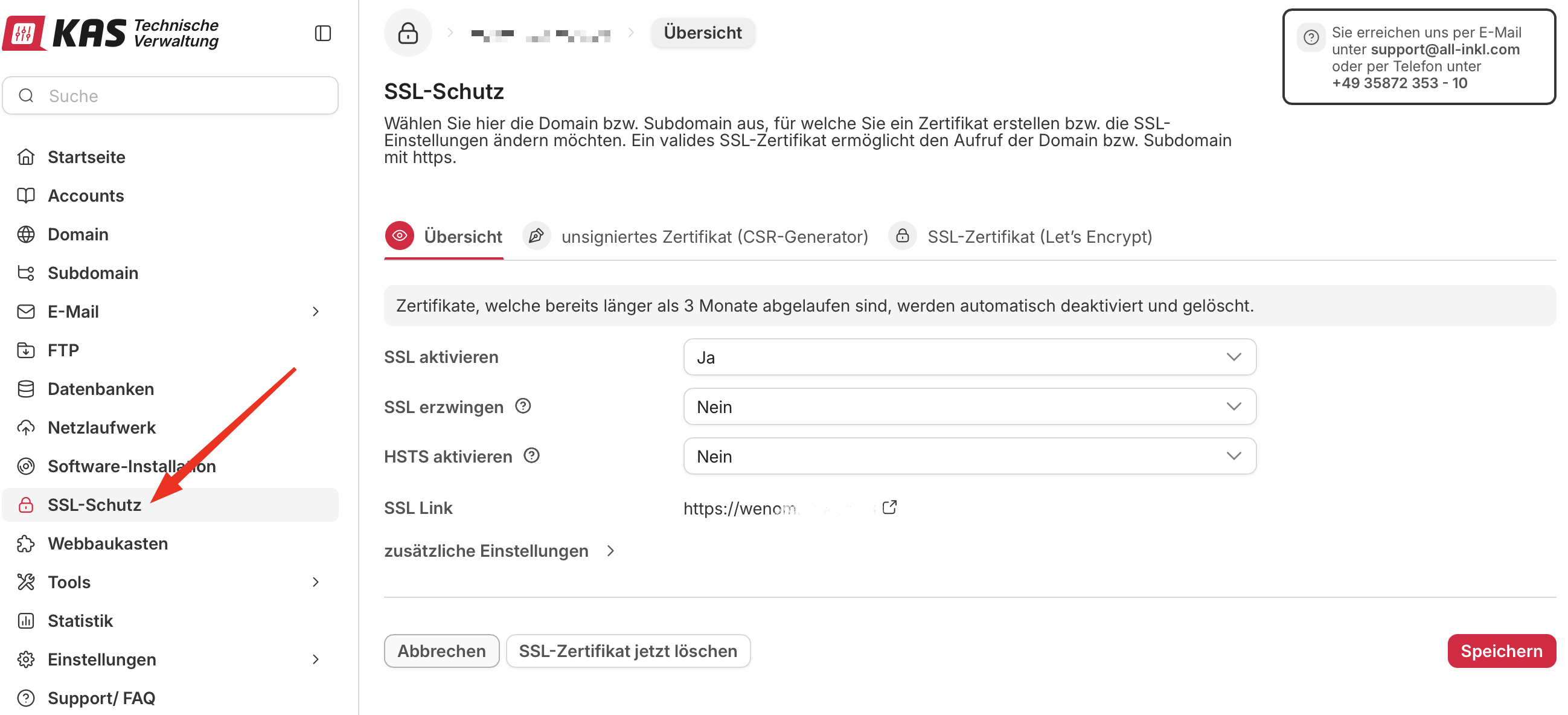 Verknüpfung SSL Zertifikat. Bereich SSL Verwaltung