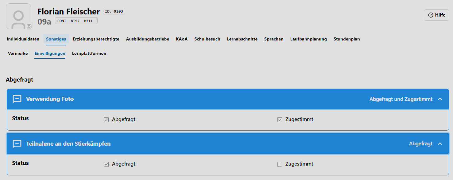 App Schüler, dort Sonstiges und dann Einwilligungen