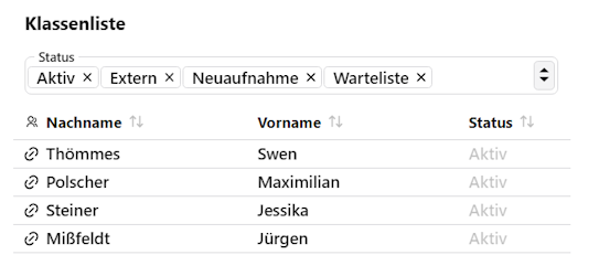 Schauen Sie sich die Schüler der Klasse an und springen Sie mit dem Link 🔗 zu dieser Person. Screenshot der Klassenliste mit den Schülern