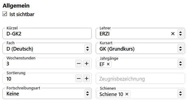 Ändern Sie die Details der Kurse. Kursdetails ändern