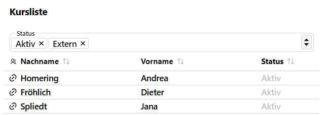 Verwalten Sie die im Kurs befindlichen Schüler. Kursliste der Schüler