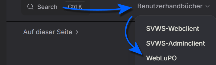 Das Benutzerhandbuch für WebLuPO in der Kopfzeile