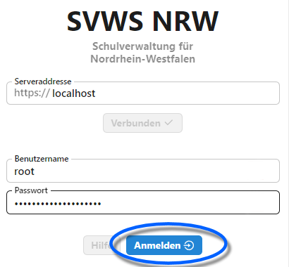 Login Screen des Admin clients: root und password werden benötigt.